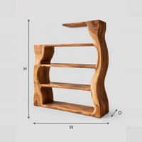 Wavy Sided Bookshelf With Open Shelves And A High Top Ledge dimension diagram with width, height and depth
