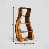 Wavy Sided Bookshelf With Open Shelves And Sweeping Grain dimension diagram with width, height and depth