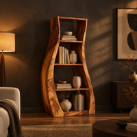 Tall bookshelf with wavy side panels and open shelves in a dark living room at golden hour