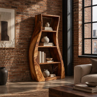 Tall bookshelf with wavy side panels and open shelves in an industrial loft living room with exposed brick
