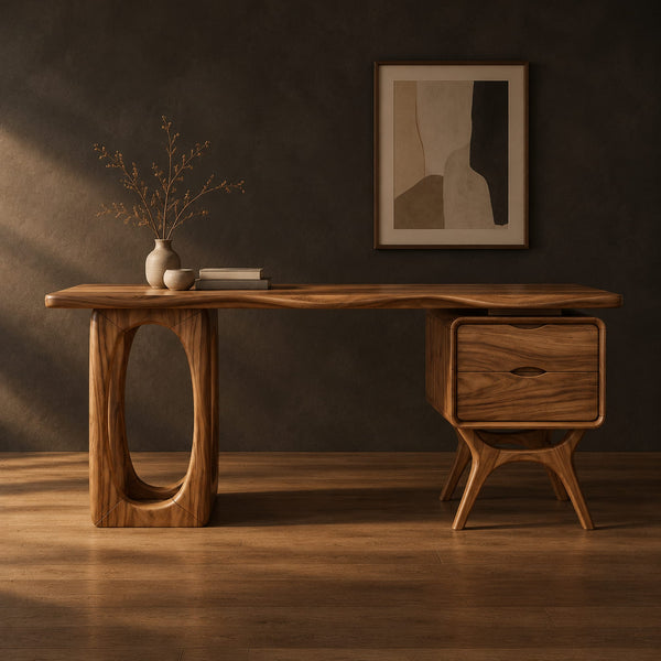 Wavy Slab Top Desk With Oval Leg Frame And Side Pedestal