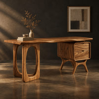 Wooden desk with an oval leg frame, a wavy top and a side pedestal, three-quarter view showing the grain