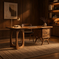 Wooden desk with an oval leg frame, a wavy top and a side pedestal in an evening home office with walnut wall paneling