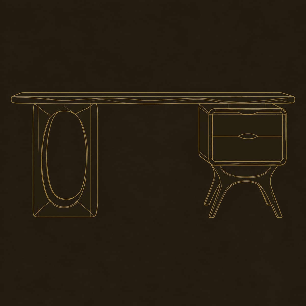 Wavy Slab Top Desk With Oval Leg Frame And Side Pedestal dimension diagram