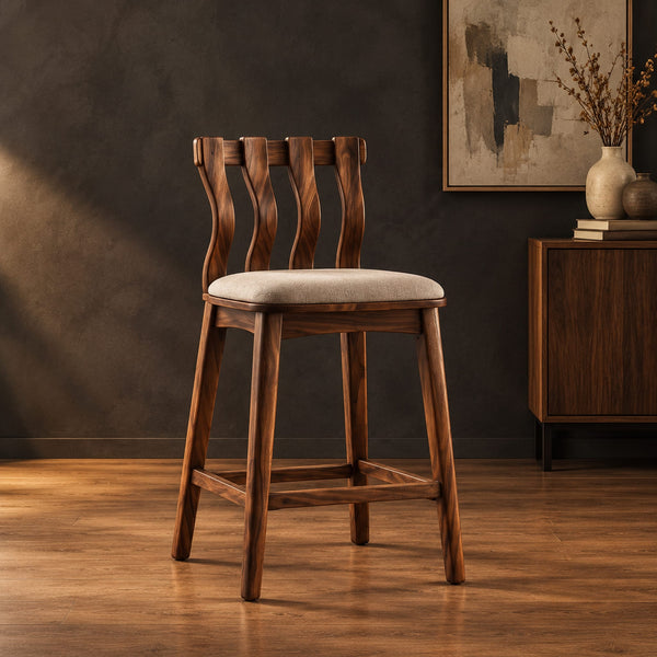 Wavy Slat Back Bar Stool With Padded Seat And Footrest