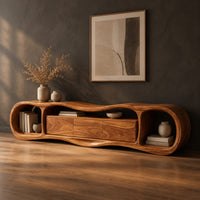 Wavy tv stand with open oval end bays and a three panel center, three-quarter view showing the grain