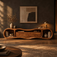 Wavy tv stand with open oval end bays and a three panel center in a dark living room at golden hour