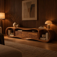 Wavy tv stand with open oval end bays and a three panel center in an evening living room with walnut wall paneling