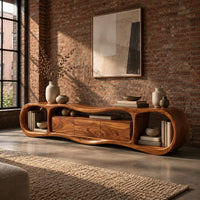 Wavy tv stand with open oval end bays and a three panel center in an industrial loft living room with exposed brick