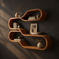 Wall shelf of two stacked flowing loops joined by a wavy ledge, three-quarter view showing the grain