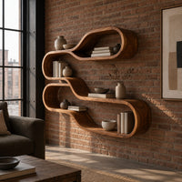 Wall shelf of two stacked flowing loops joined by a wavy ledge in an industrial loft living room with exposed brick