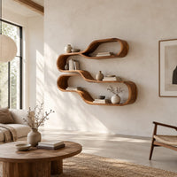 Wall shelf of two stacked flowing loops joined by a wavy ledge in a bright open plan living room
