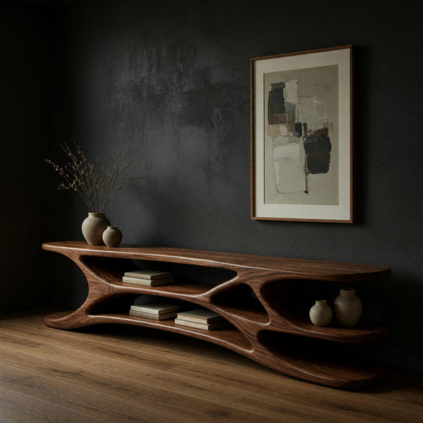 Web Spine TV Console Carved Between Two Slim Shelves