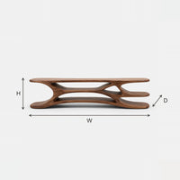 Web Spine TV Console Carved Between Two Slim Shelves dimension diagram with height, width and depth