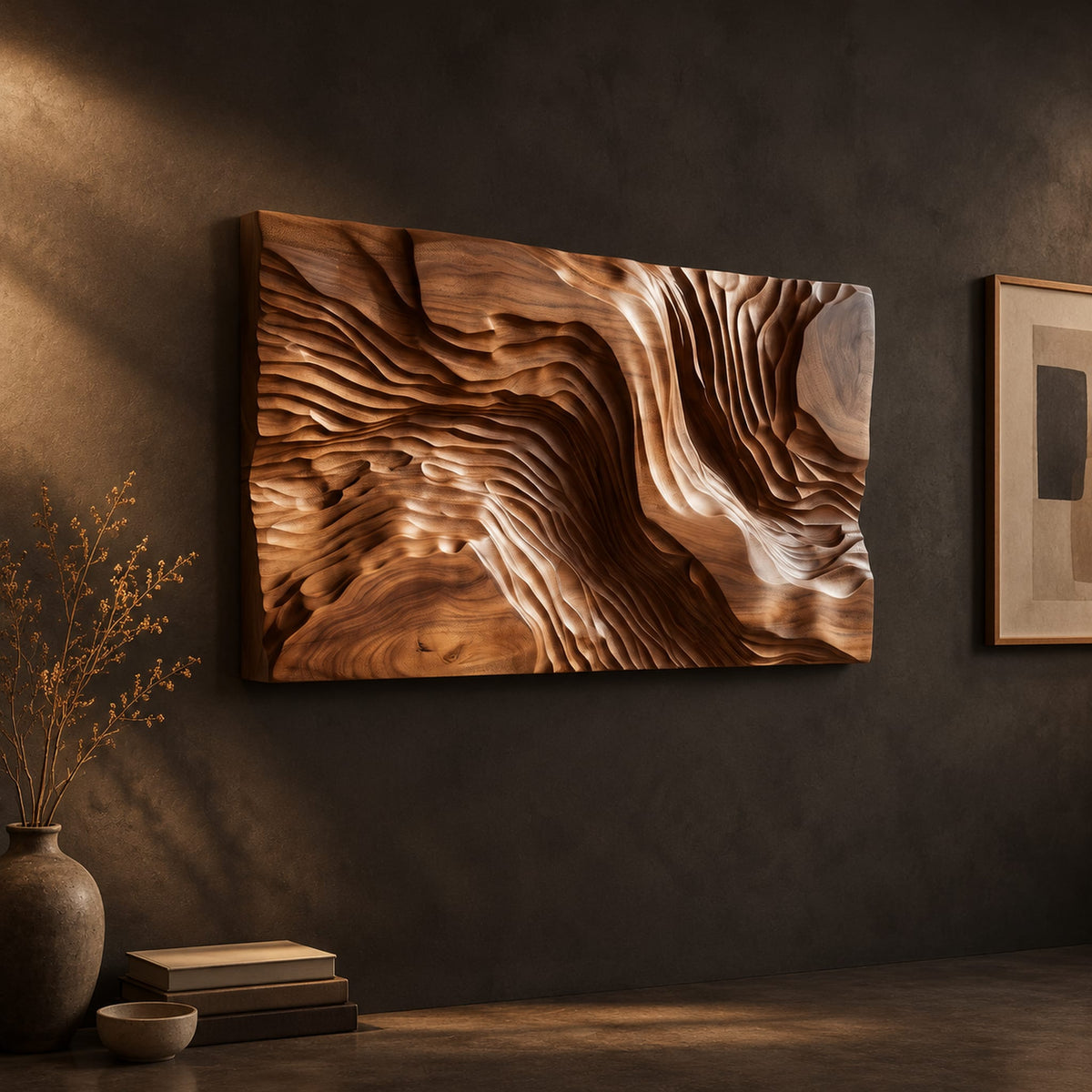 Wide wood wall art carved with flowing ridges like a contour map on a dark charcoal plaster wall
