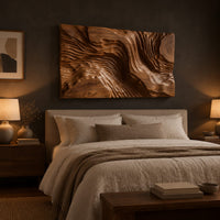 Wide wood wall art carved with flowing ridges like a contour map above a bed in a dusk lit bedroom