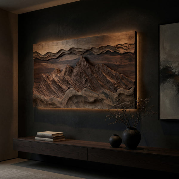 Wide Landscape Wall Relief with Layered Carved Sky Bands
