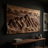 Wide landscape wall relief with layered sky bands, three-quarter view showing the carved depth