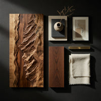 Detail of wide landscape wall relief with layered sky bands beside wood, brass and linen samples