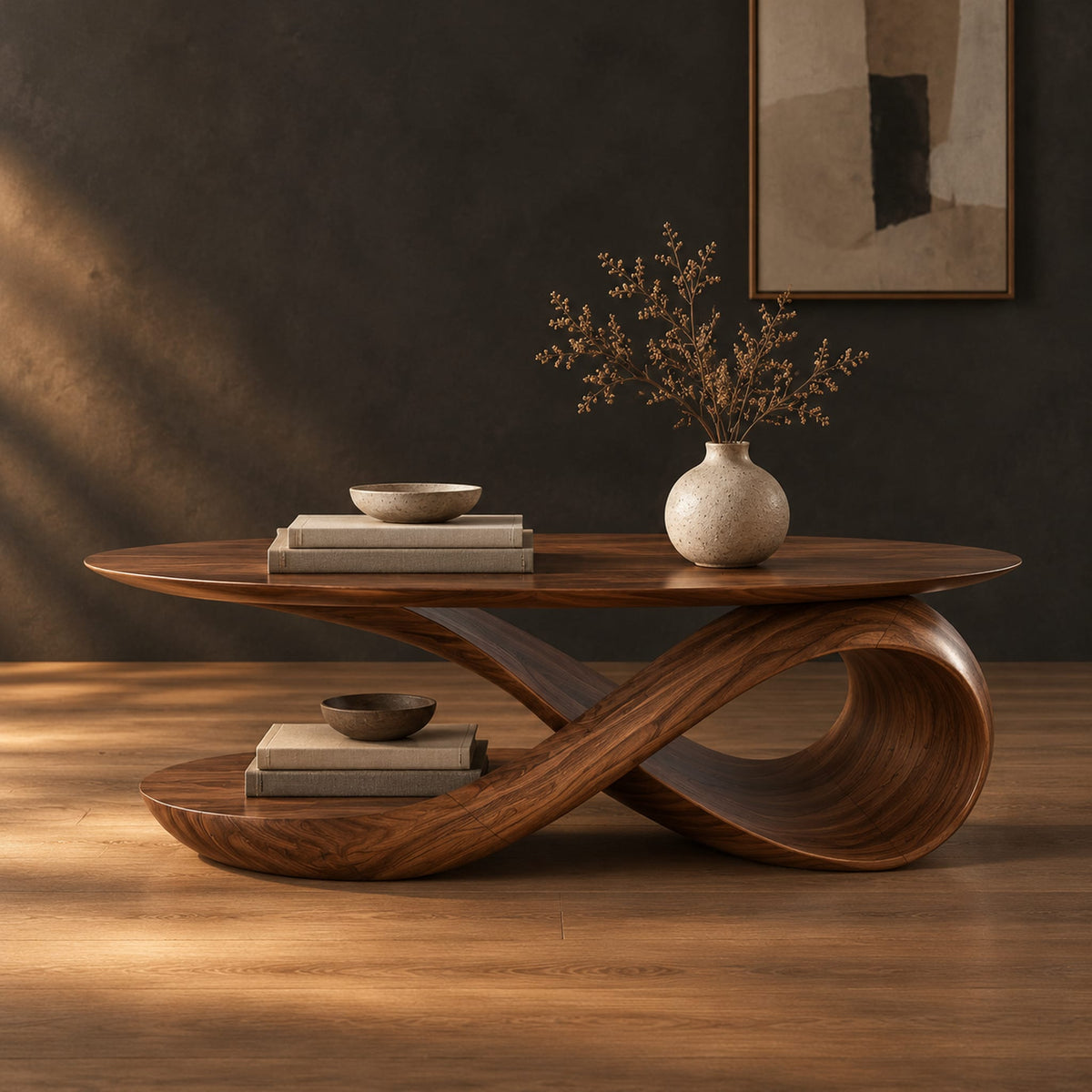 Oval top coffee table on a swooping ribbon pedestal with an oval base disc in a dark studio against a charcoal plaster wall