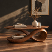 Oval top coffee table on a swooping ribbon pedestal with an oval base disc, three-quarter view showing the grain