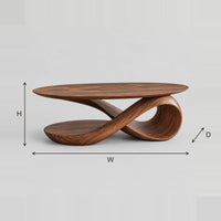 Wide Oval Top Coffee Table On A Swooping Ribbon Pedestal dimension diagram with width, height and depth