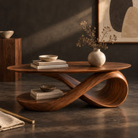 Corner detail of oval top coffee table on a swooping ribbon pedestal with an oval base disc beside wood, brass and linen samples