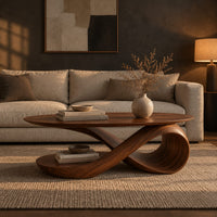 Oval top coffee table on a swooping ribbon pedestal with an oval base disc in a dark living room at golden hour