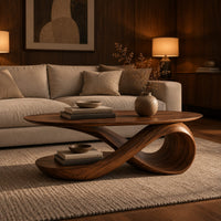 Oval top coffee table on a swooping ribbon pedestal with an oval base disc in an evening living room with walnut wall paneling