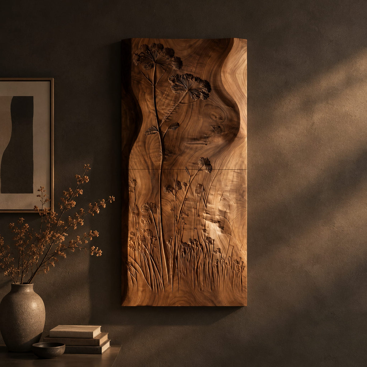 Tall wooden wall art panel with carved wildflowers and a wavy edge on a dark charcoal plaster wall