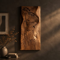 Tall wooden wall art panel with carved wildflowers and a wavy edge on a dark charcoal plaster wall