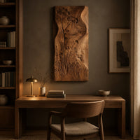 Tall wooden wall art panel with carved wildflowers and a wavy edge above a desk in a dark study corner