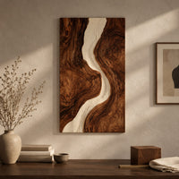 Detail of tall wood wall art panel with a winding cream channel through dark swirling grain beside wood, brass and linen samples