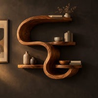 Sculpted wall shelf in an s shape with a hooked top and small ledges in a dark studio against a charcoal plaster wall