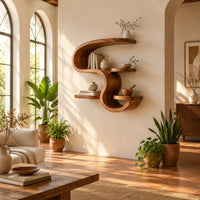 Sculpted wall shelf in an s shape with a hooked top and small ledges in a bright living room with arched windows and plants