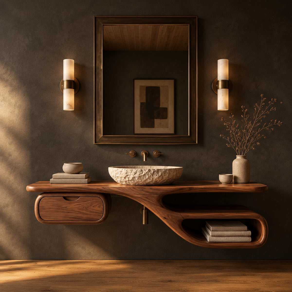 Floating bathroom vanity with a long slab top, drawer pod and open loop niche in a dark studio against a charcoal plaster wall
