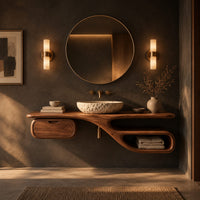 Floating bathroom vanity with a long slab top, drawer pod and open loop niche in a dark bathroom at golden hour