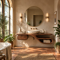 Floating bathroom vanity with a long slab top, drawer pod and open loop niche in a bright bathroom with arched windows and plants