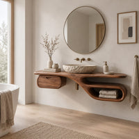 Floating bathroom vanity with a long slab top, drawer pod and open loop niche in a Scandinavian bathroom with white walls