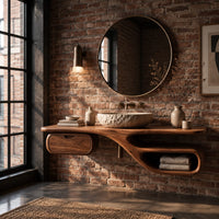 Floating bathroom vanity with a long slab top, drawer pod and open loop niche in an industrial loft bathroom with exposed brick