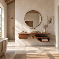 Floating bathroom vanity with a long slab top, drawer pod and open loop niche in a bright open plan bathroom