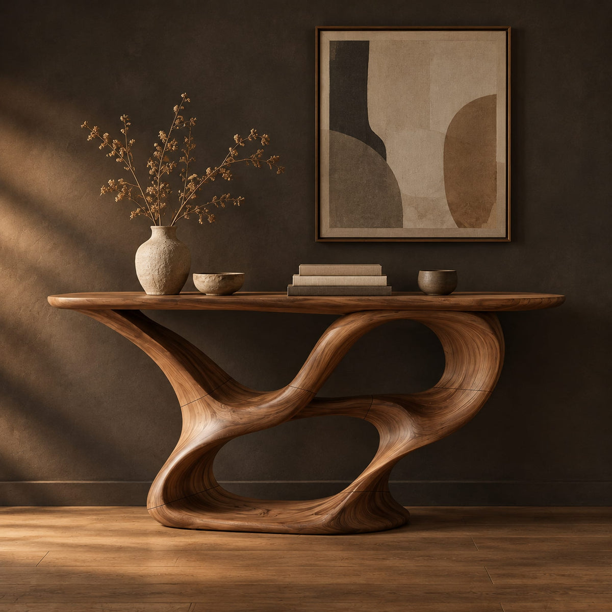 Console table with a winding ribbon base and a long tapered top in a dark studio against a charcoal plaster wall