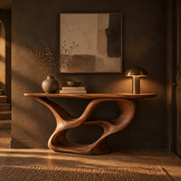 Console table with a winding ribbon base and a long tapered top in a dark entryway at golden hour
