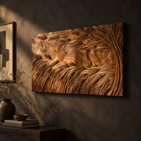 Large rectangle wooden wall panel carved with deep flowing windswept strands on a dark charcoal plaster wall