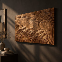 Large rectangle wooden wall panel carved with deep flowing windswept strands, three-quarter view showing the carved depth