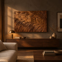 Large rectangle wooden wall panel carved with deep flowing windswept strands above a low console in an evening living room