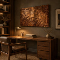 Large rectangle wooden wall panel carved with deep flowing windswept strands above a desk in a dark study corner