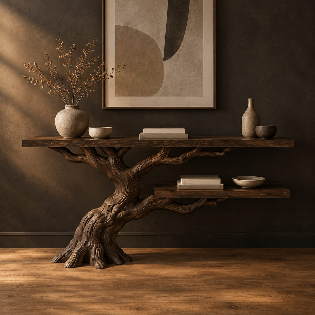 Console table with a leaning tree root base and one lower shelf in a dark studio against a charcoal plaster wall