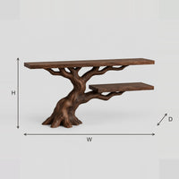 Windswept Root Trunk Console Table With One Offset Lower Shelf dimension diagram with width, height and depth