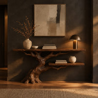 Console table with a leaning tree root base and one lower shelf in a dark entryway at golden hour